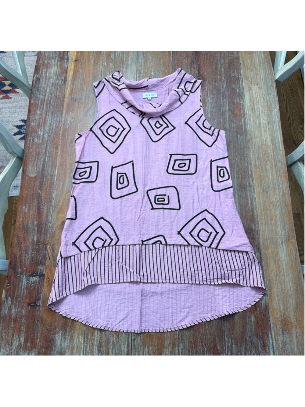 KLEIO Lilac Geometric Spiral Cowl Neck Tank Top Sleeveless High Low Tunic L